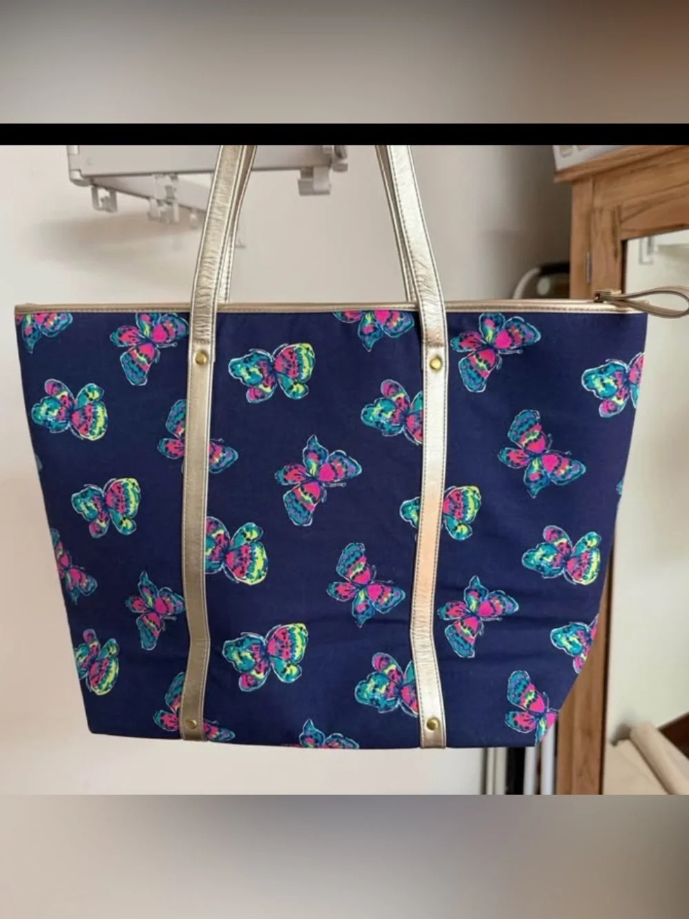 Lily Pulitzer Navy Butterfly Print Tote Bag with Gold Handles
